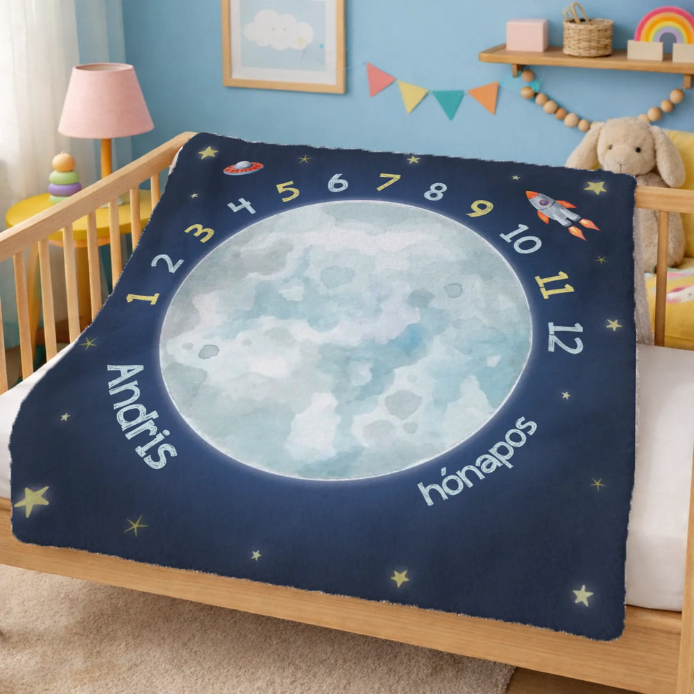 Űrhajós baba mérföldkő takaró névvel - személyre szabható babapléd