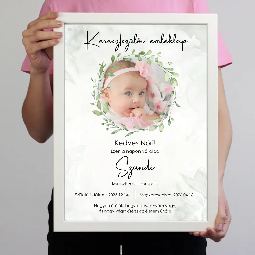 Személyre szabható keresztszülői emléklap fotóval - névre szóló keresztelői ajándék
