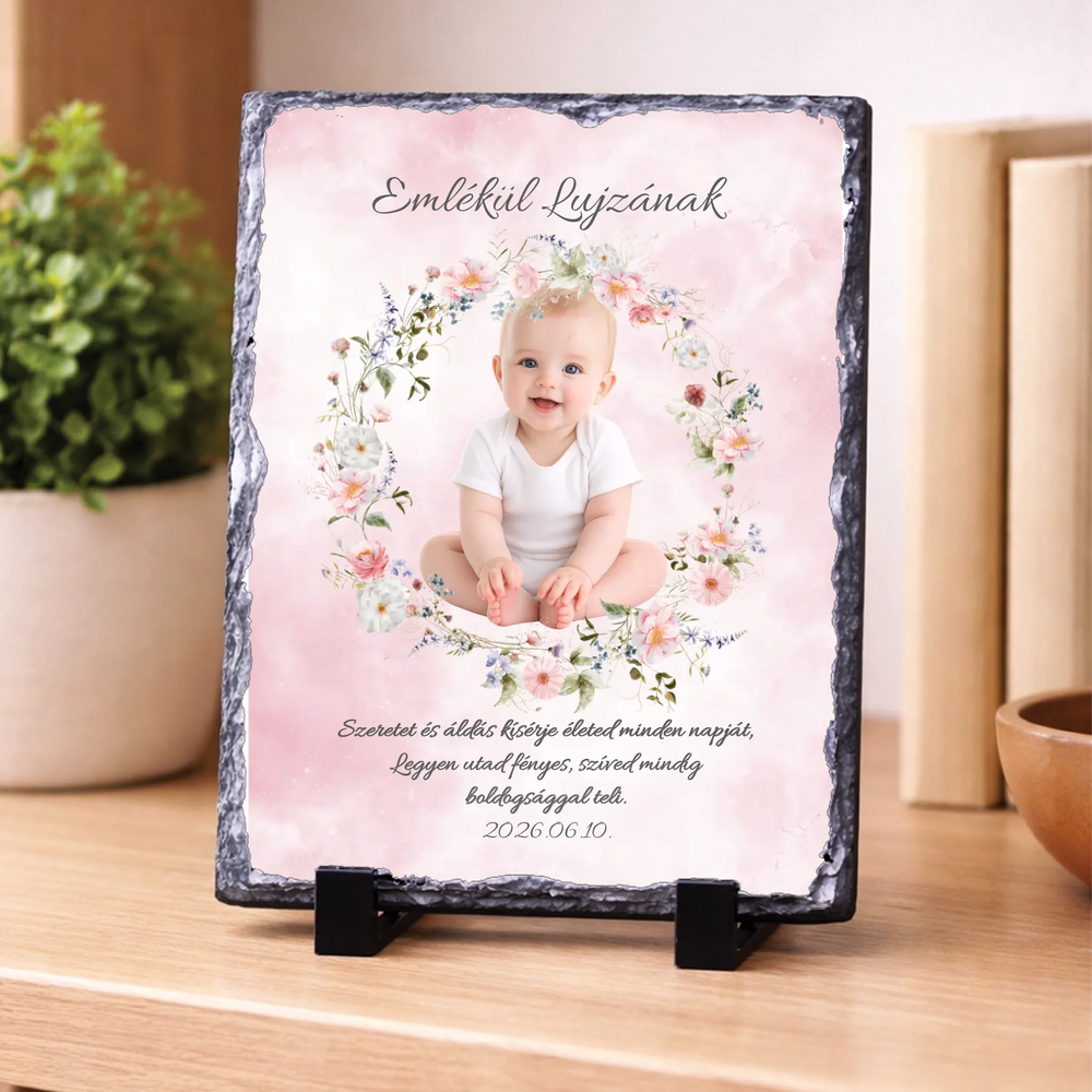 Egyedi fényképes keresztelői gránitlap névvel és dátummal