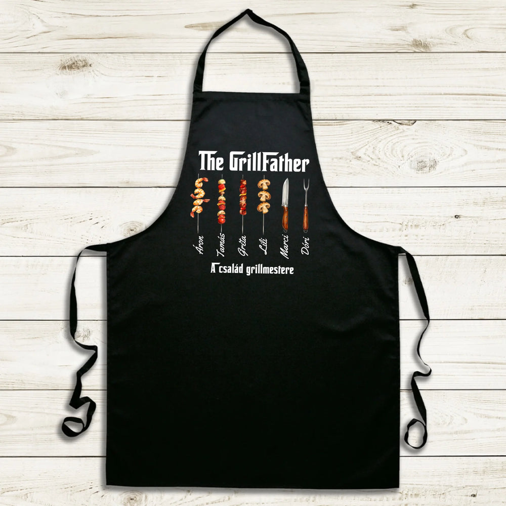 Grillfather fekete kötény - egyedi ajándék apáknak, akár 6 gyereknévvel
