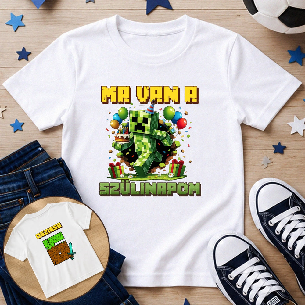 Minecraft szülinapi gyerek póló kétoldalas nyomtatással egyedi névvel és szülinapi számmal