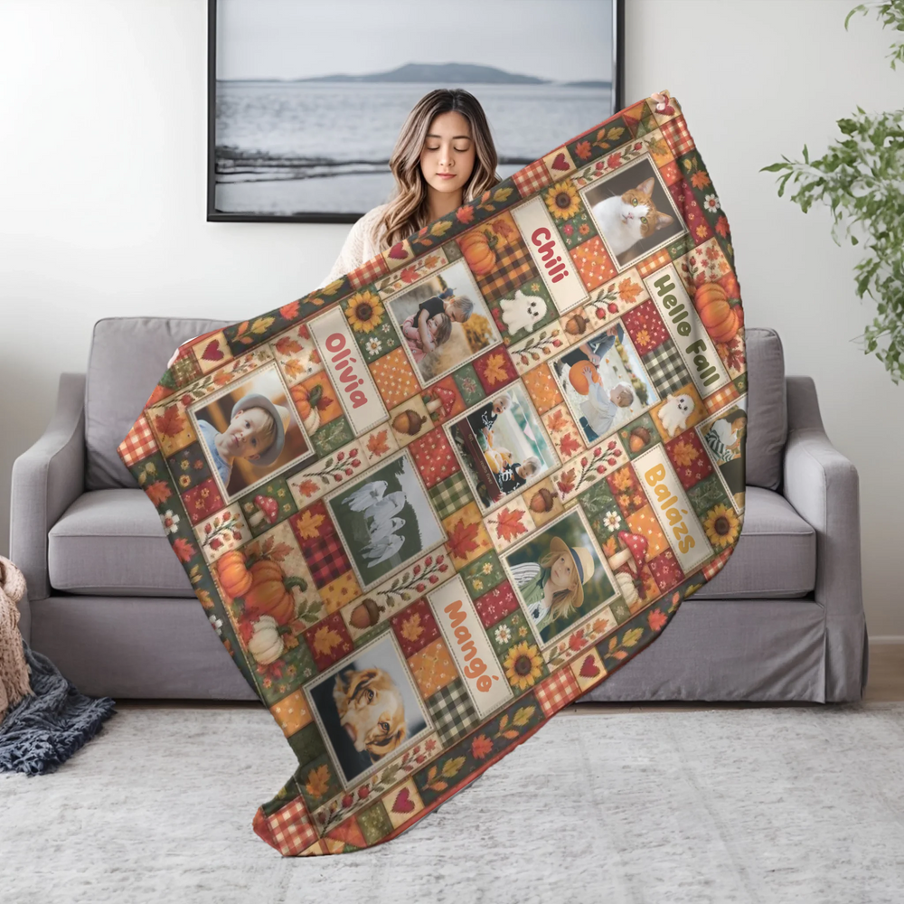 Egyedi 9 képes, feliratos őszi pléd - patchwork hatású mintával