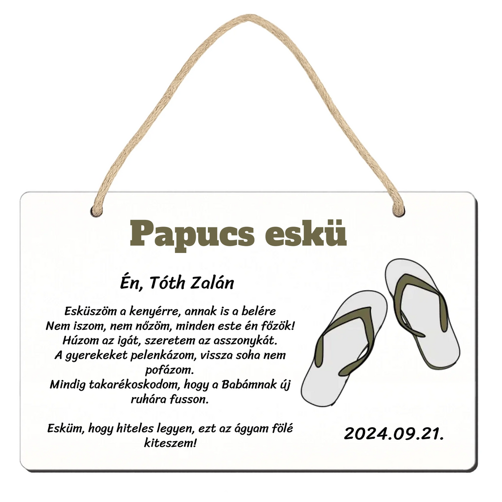 Papucs eskü ajándék fatábla Legénybúcsúkra