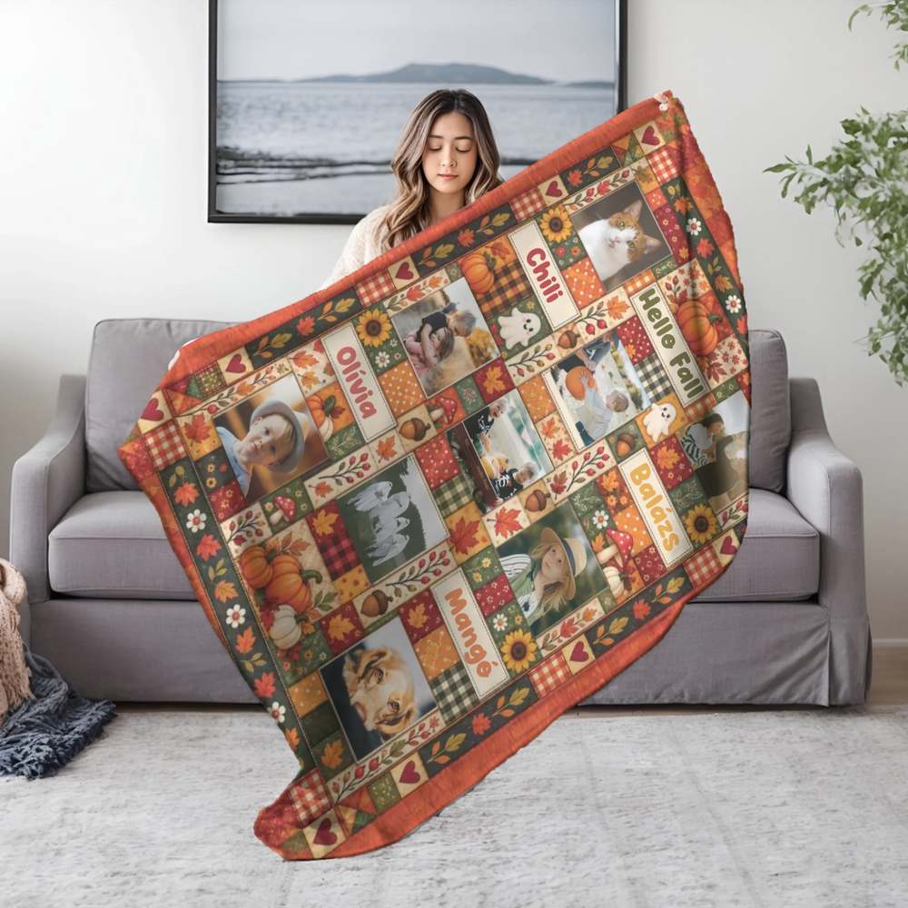 Egyedi 9 képes, feliratos őszi pléd - patchwork hatású mintával