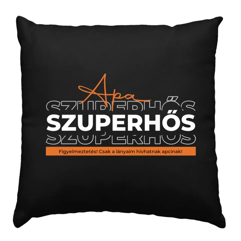 Apa szuperhős fekete párna szerkeszthető felirattal, trendi narancssárga és fehér tartós mintával