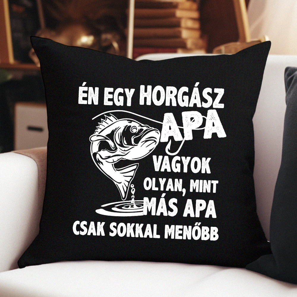 Horgász Apa Apák Napi Ajándék párna fekete huzattal