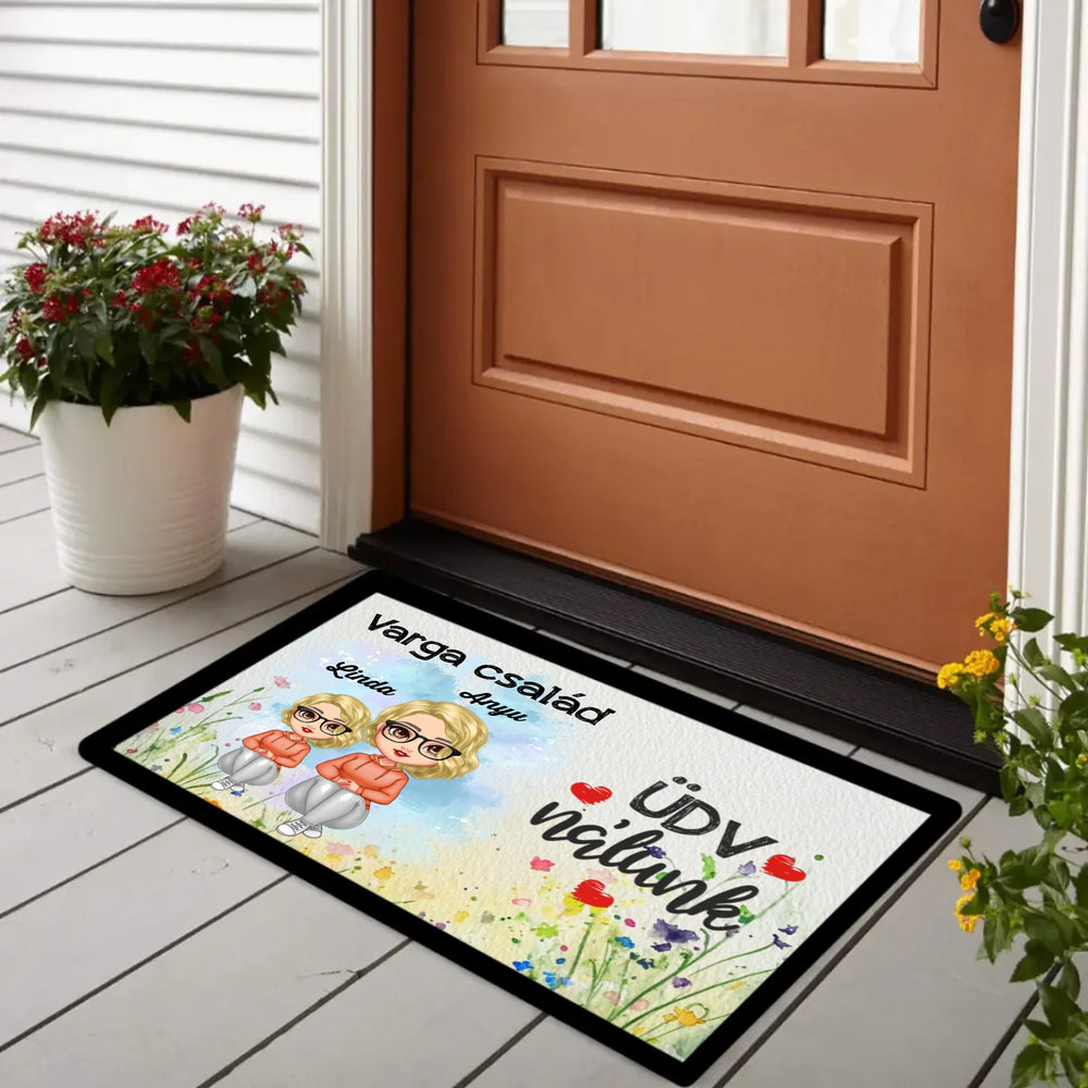 Szerkeszthető karakteres anya és gyerekek lábtörlő választható felirattal