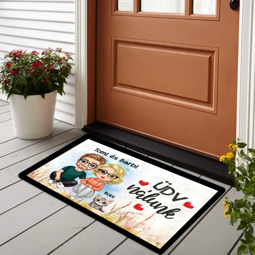 Szerkeszthető páros karakteres lábtörlő virágos mintával és cicákkal