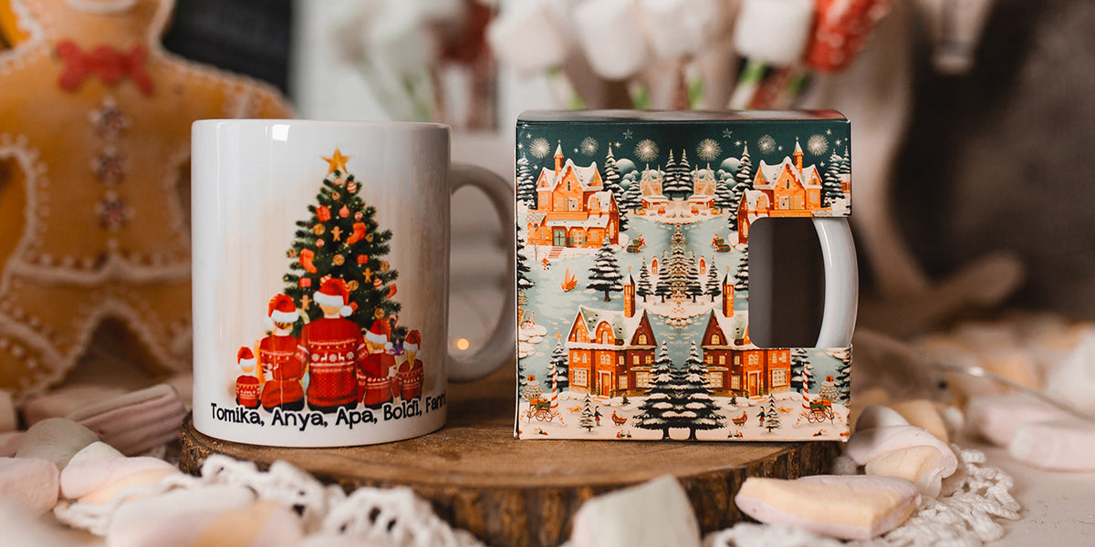 egyedi bögre karácsonyi stílusban