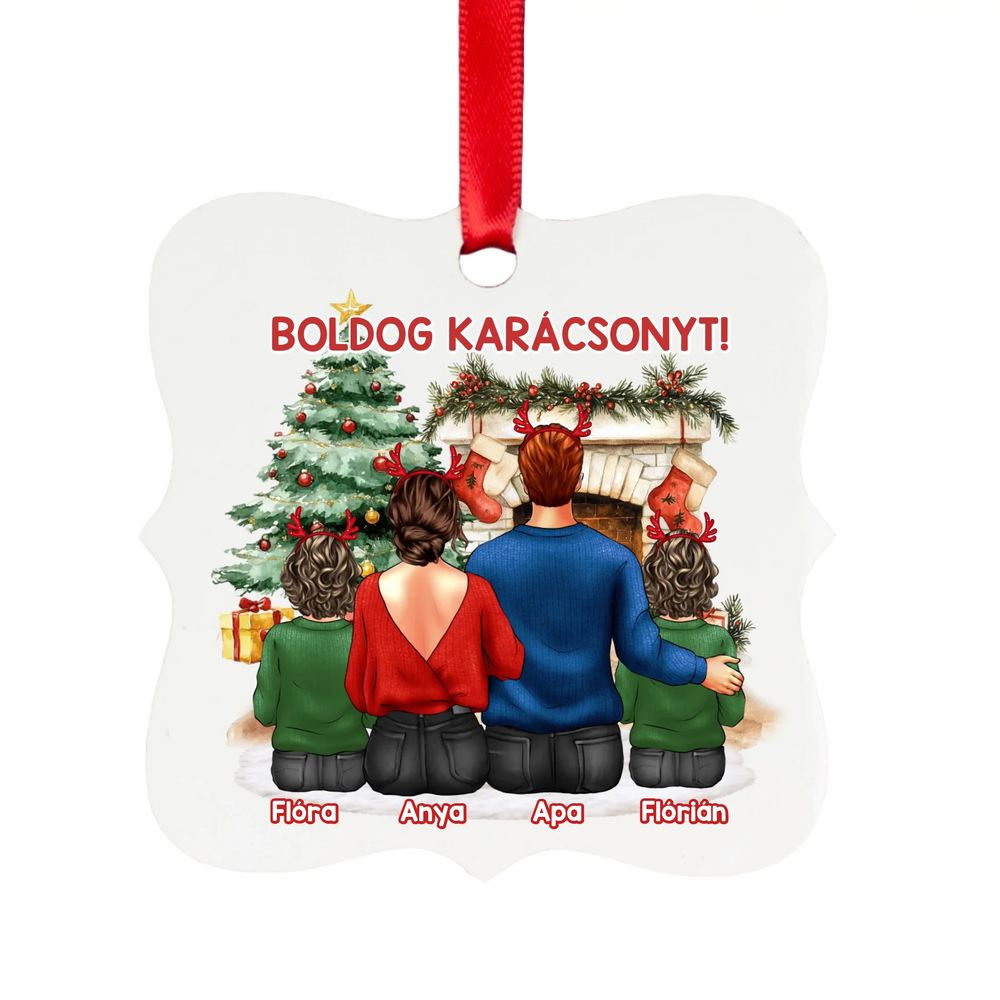 Családi mintás karácsonyfadísz fehér alapon