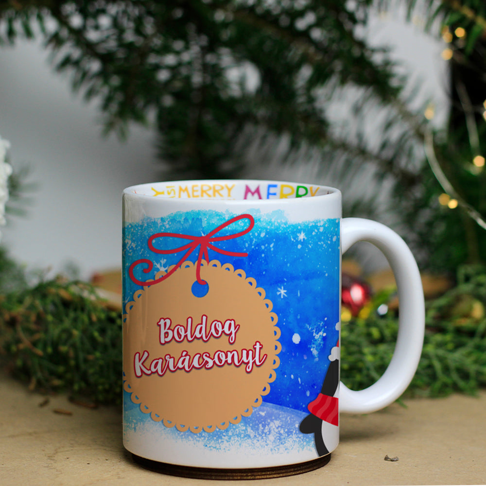 Pingvin és Télapó mintás karácsonyi belsőjű bögre