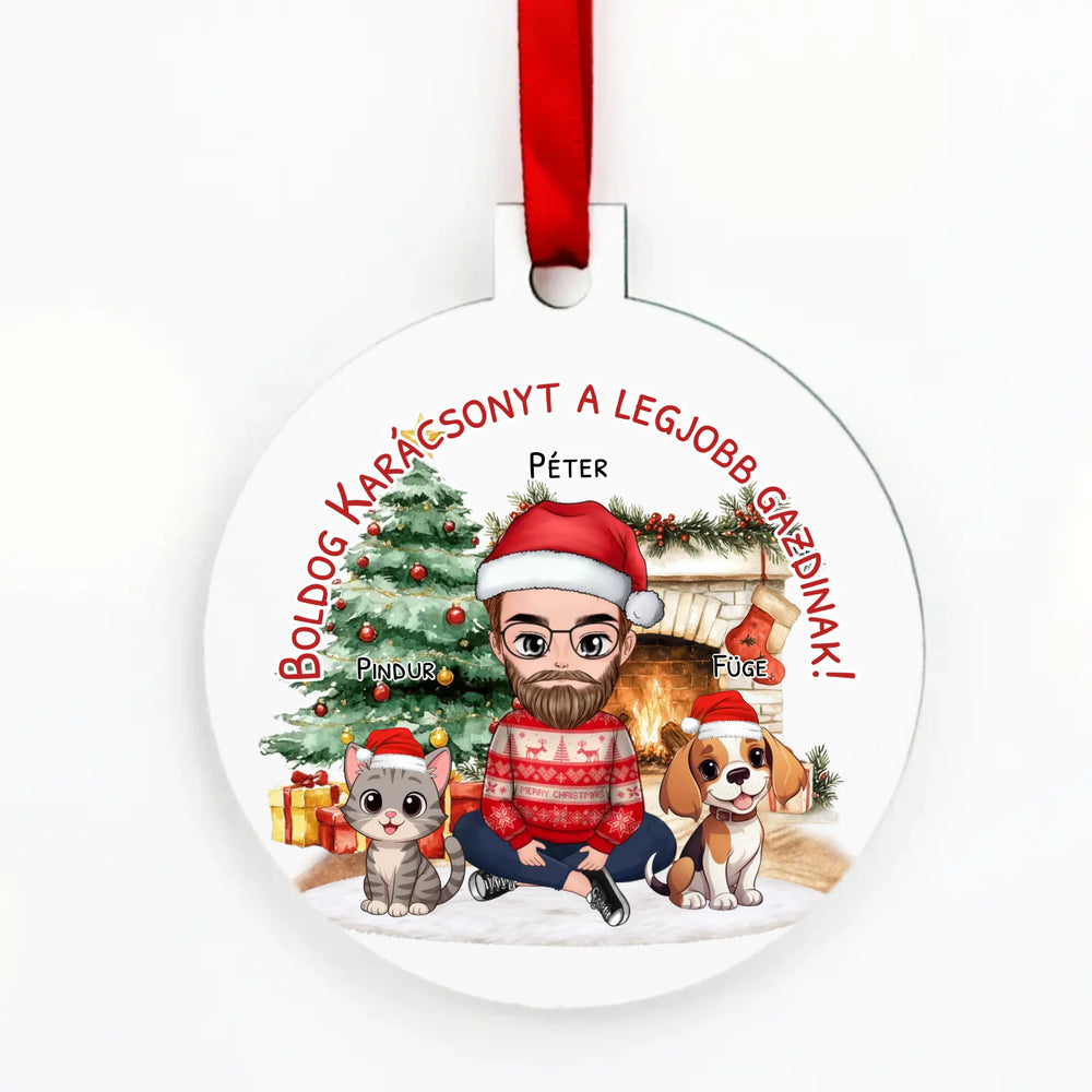 Egyedi karácsonyfadísz gazdiknak - fiús mintával kutyával és macskával