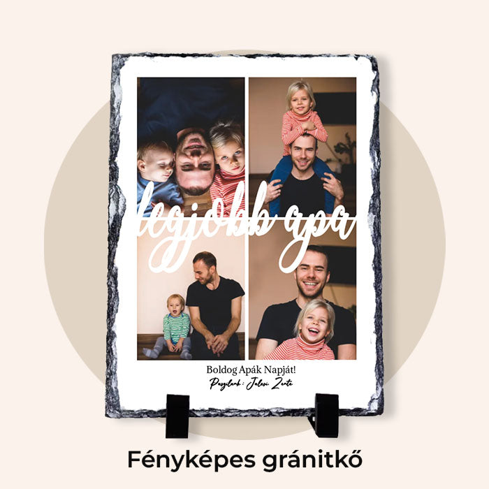 Egyedi ajándék apáknak, apák napi képek gránit kő lapon legjobb apa felirattal barna háttér előtt.