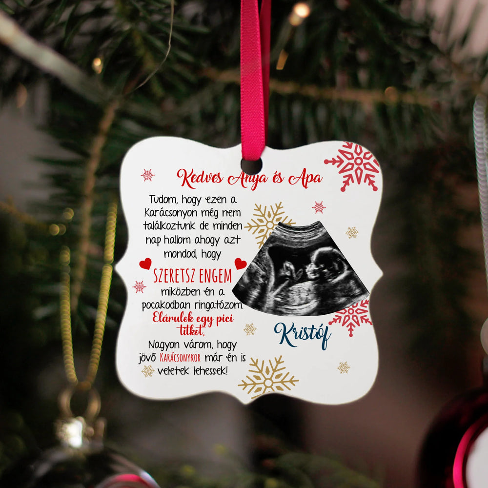 Ajándék négyzetes karácsonyfadísz ultrahang fotóval és szerkeszthető felirattal