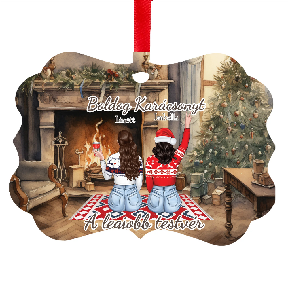 Karácsonyfadísz lánytestvéreknek - szerkeszthető karakteres hosszúkás dísz
