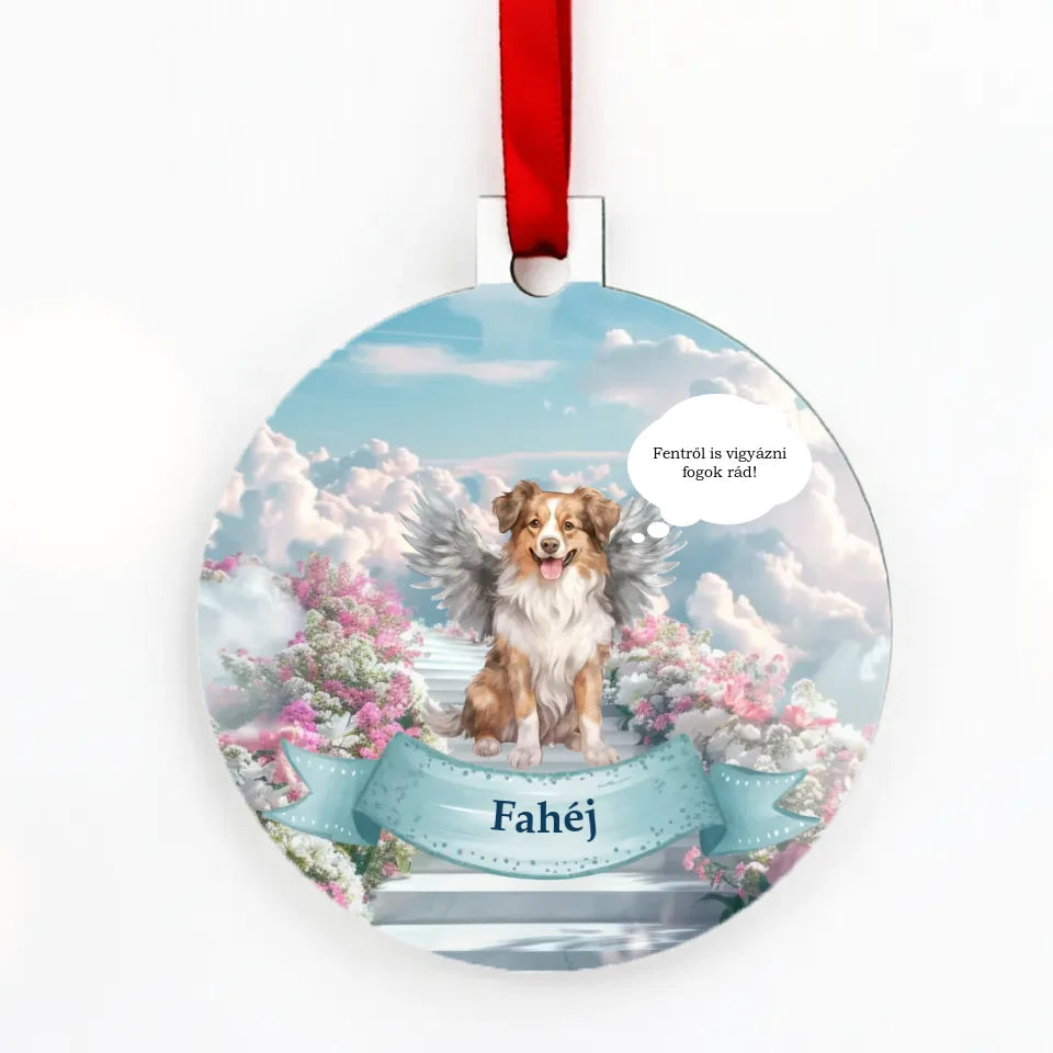 Személyre szabott gyászképes karácsonyfadísz elhunyt kutyáddal, téli tájjal, megható üzenettel. Kegyeleti dísz, tökéletes emlék a karácsonyfa meghitt díszítéséhez.