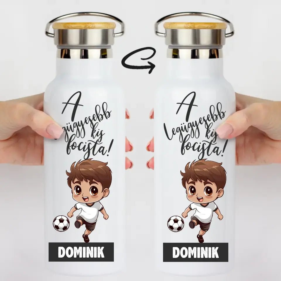 Bambusz fedeles egyedi kulacs fiúknak focis mintával - Bogreguru
