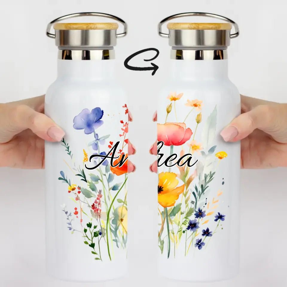 Bambusz fedeles kulacs virágos mintával és saját névvel - Bogreguru