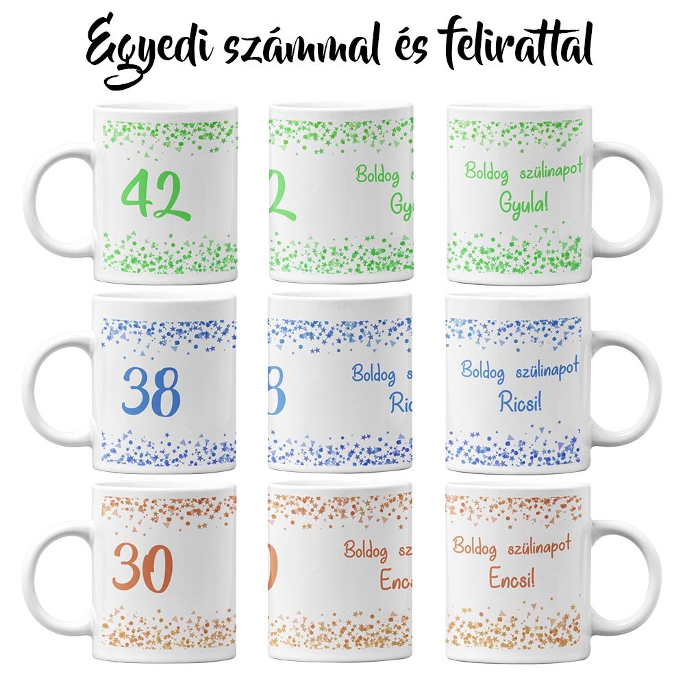 Egyedi feliratos konfettis szülinapi bögre különböző színekben - Bogreguru