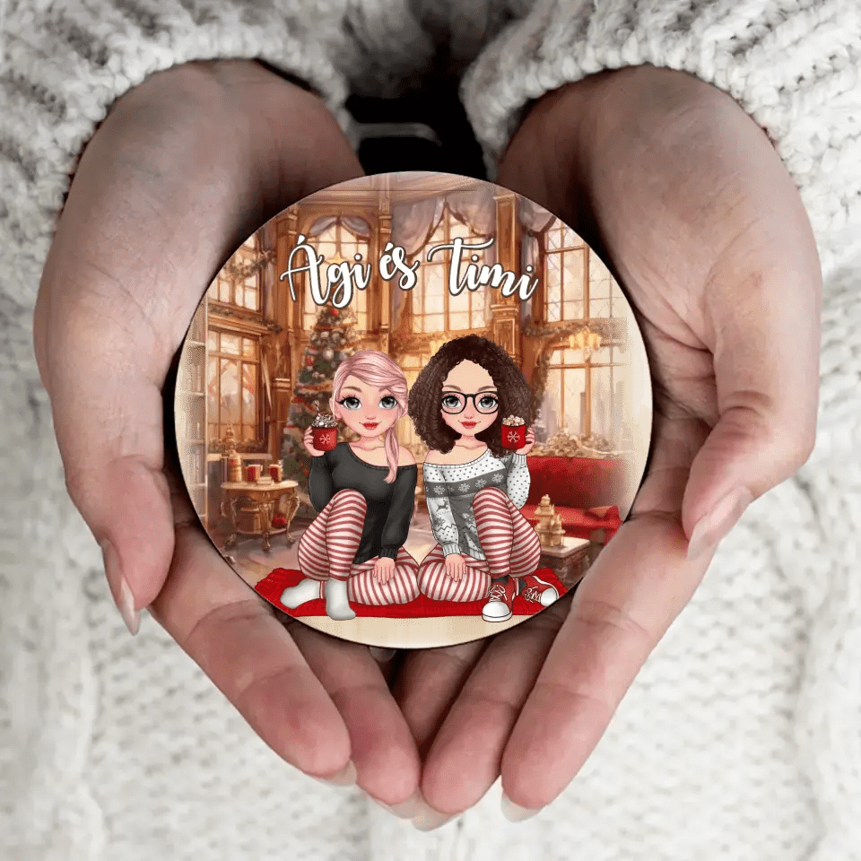 Karácsonyi cuki barátnők kör alakú hűtőmágnes - Bogreguru