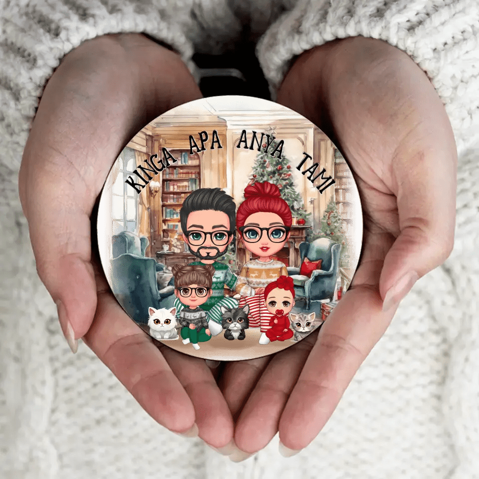 Karácsonyi cuki család kör alakú hűtőmágnes macskákkal - Bogreguru