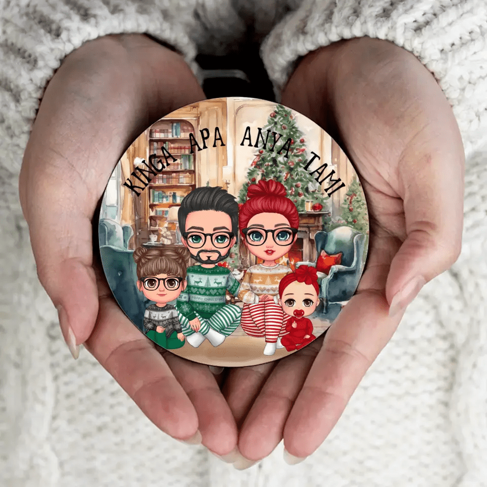 Karácsonyi cuki család kör alakú hűtőmágnes - Bogreguru
