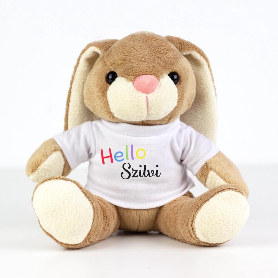Plüss nyuszi Hello feliratos pólóban - Bogreguru