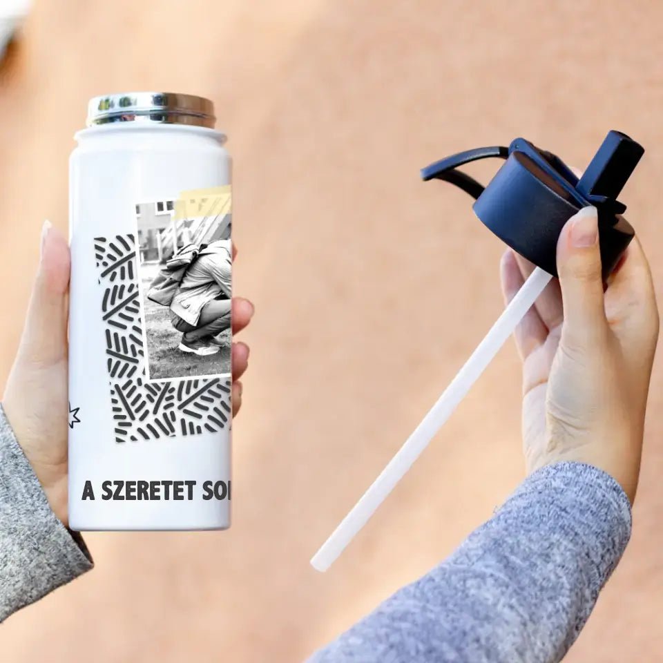 Szívószálas egyedi kulacs felirattal és fényképpel - Bogreguru