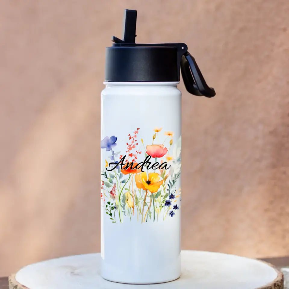 Szívószálas kulacs virágos mintával és saját névvel - Bogreguru