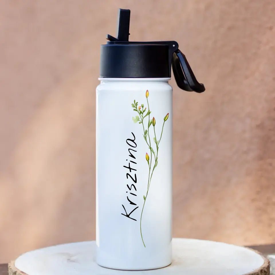 Szívószálas virágos kulacs saját névvel - Bogreguru