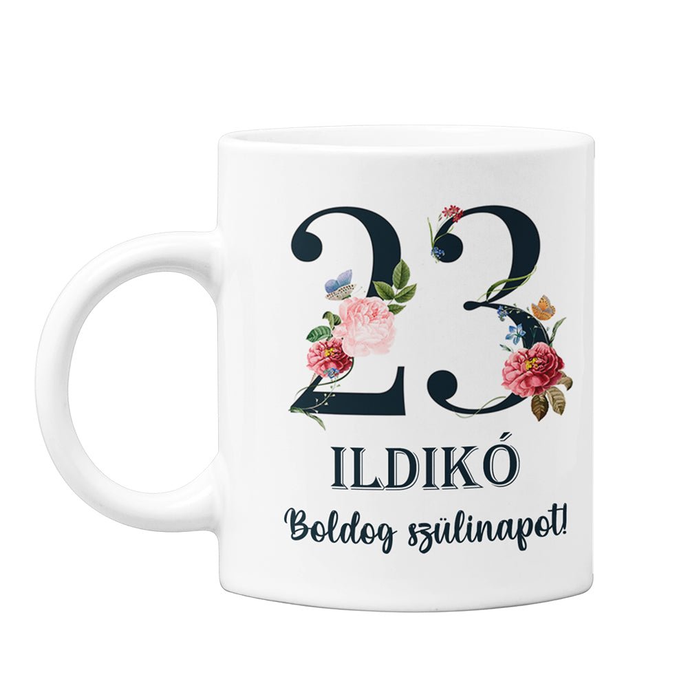 Születésnapi virágos bögre egyedi névvel és számmal - Bogreguru