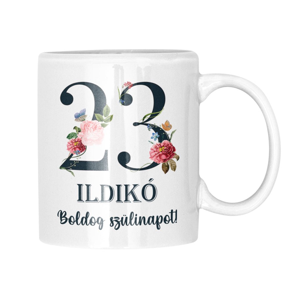 Születésnapi virágos bögre egyedi névvel és számmal - Bogreguru