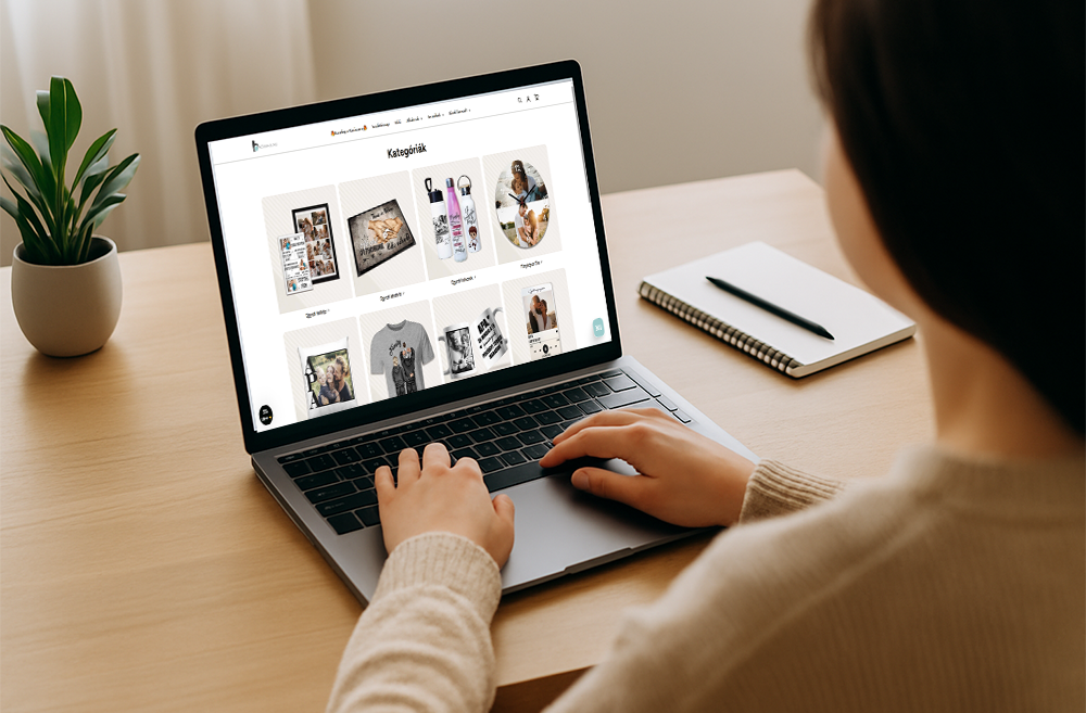 Egy ember laptop előtt ül, online ajándékokat böngészik a Bögreguru webáruházban egy otthonos környezetben, természetes fényben
