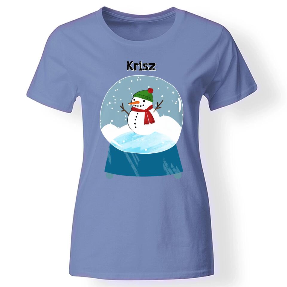 Karácsonyi hógömbös női póló kék