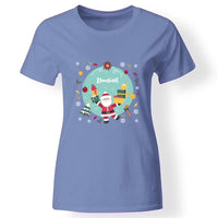 Karácsonyi télapós női póló névvel kék