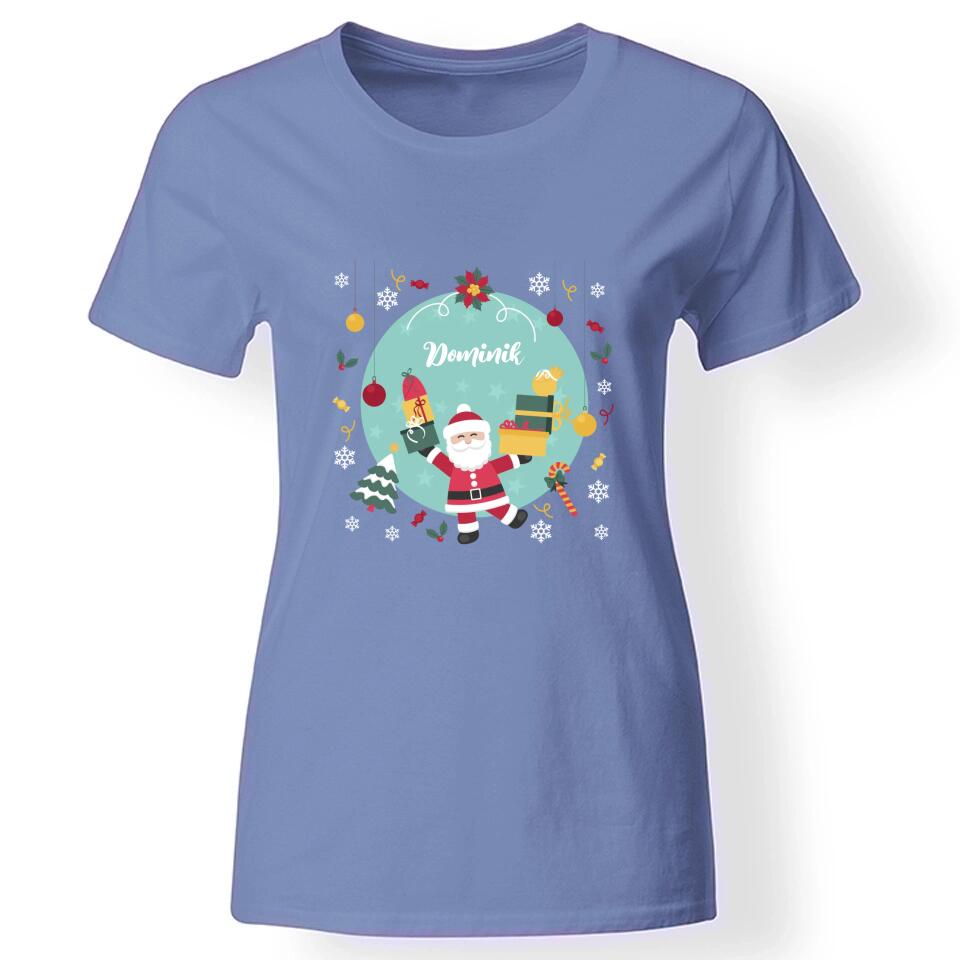 Karácsonyi télapós női póló névvel kék