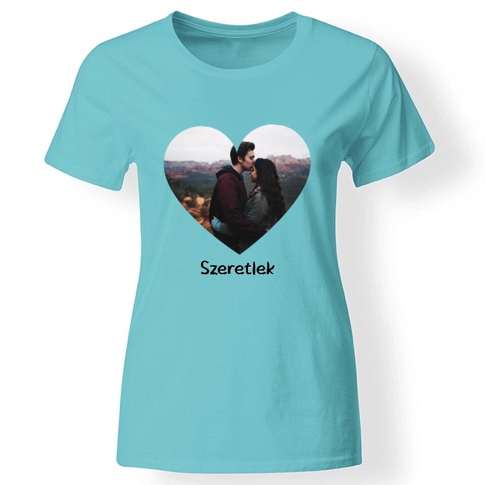 Egyedi szív képes női póló türkiz