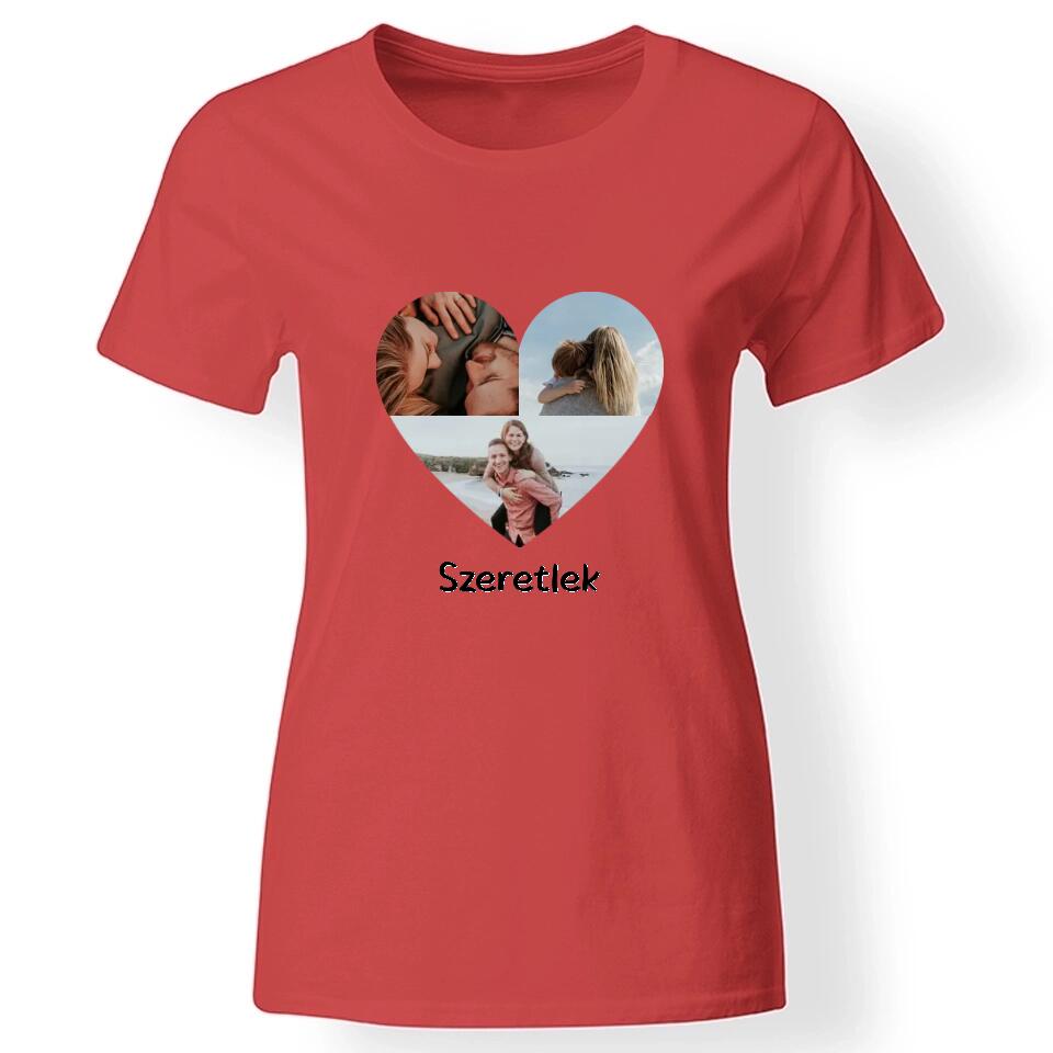 Egyedi szív 3 képes női póló piros