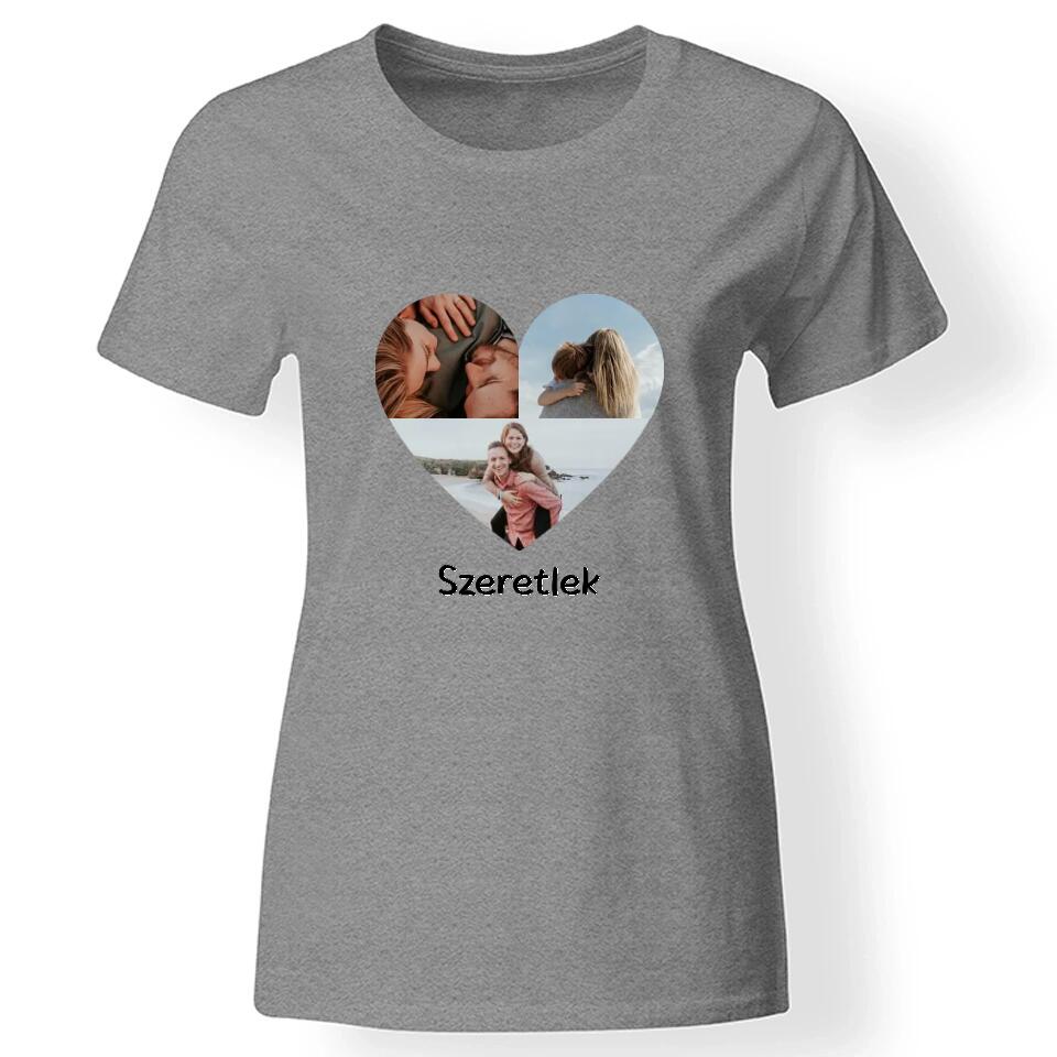 Egyedi szív 3 képes női póló szürke