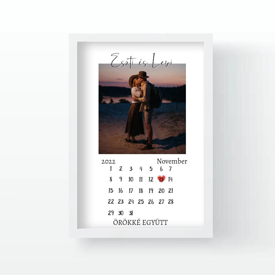Egyedi falikép saját fotóval és naptárral Pároknak
