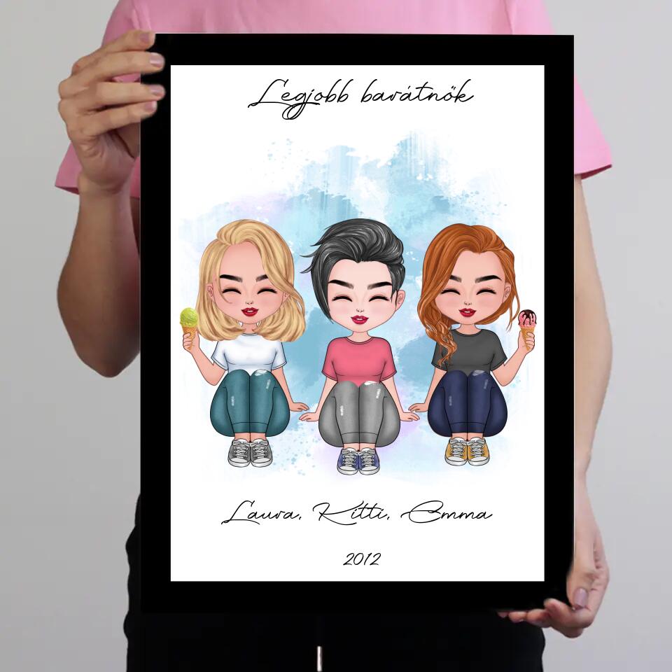 Csukottszemű 3 cuki barátnő falikép