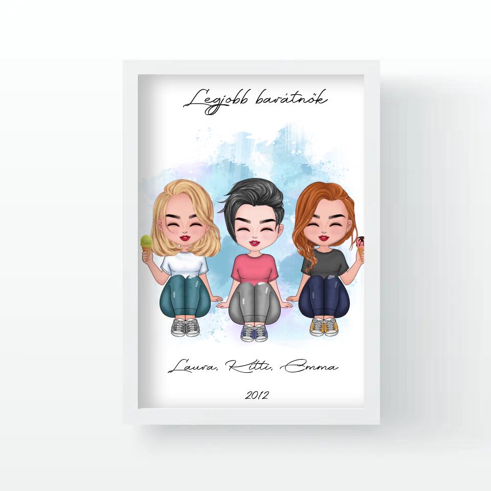 Csukottszemű 3 cuki barátnő falikép