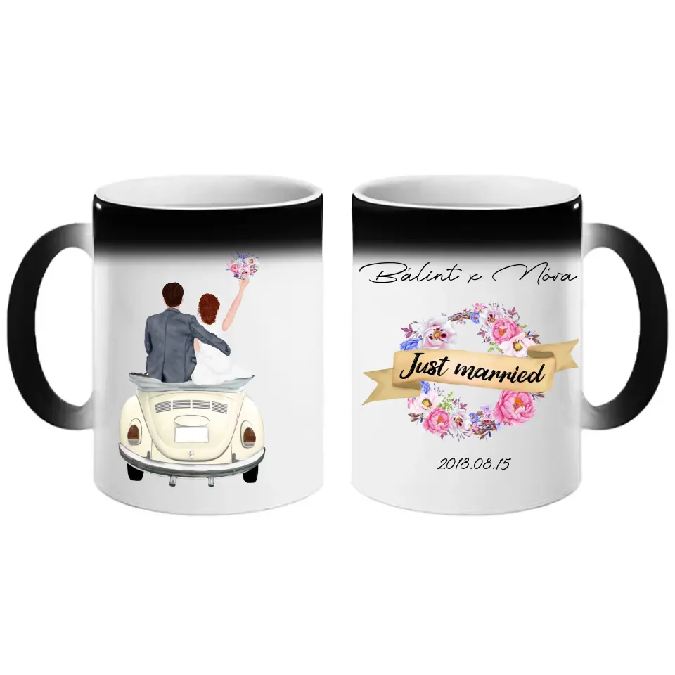 Friss házasok autóban bögre