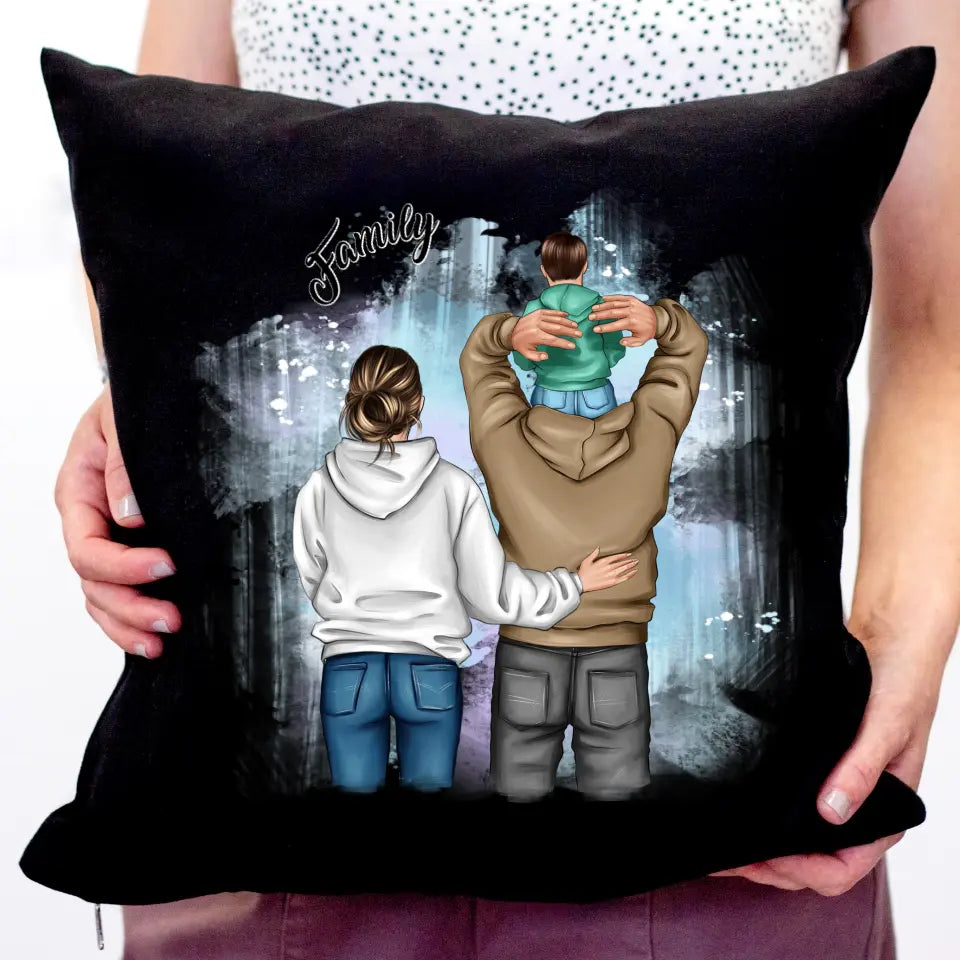 Család kisfiúval mintás egyedi párna