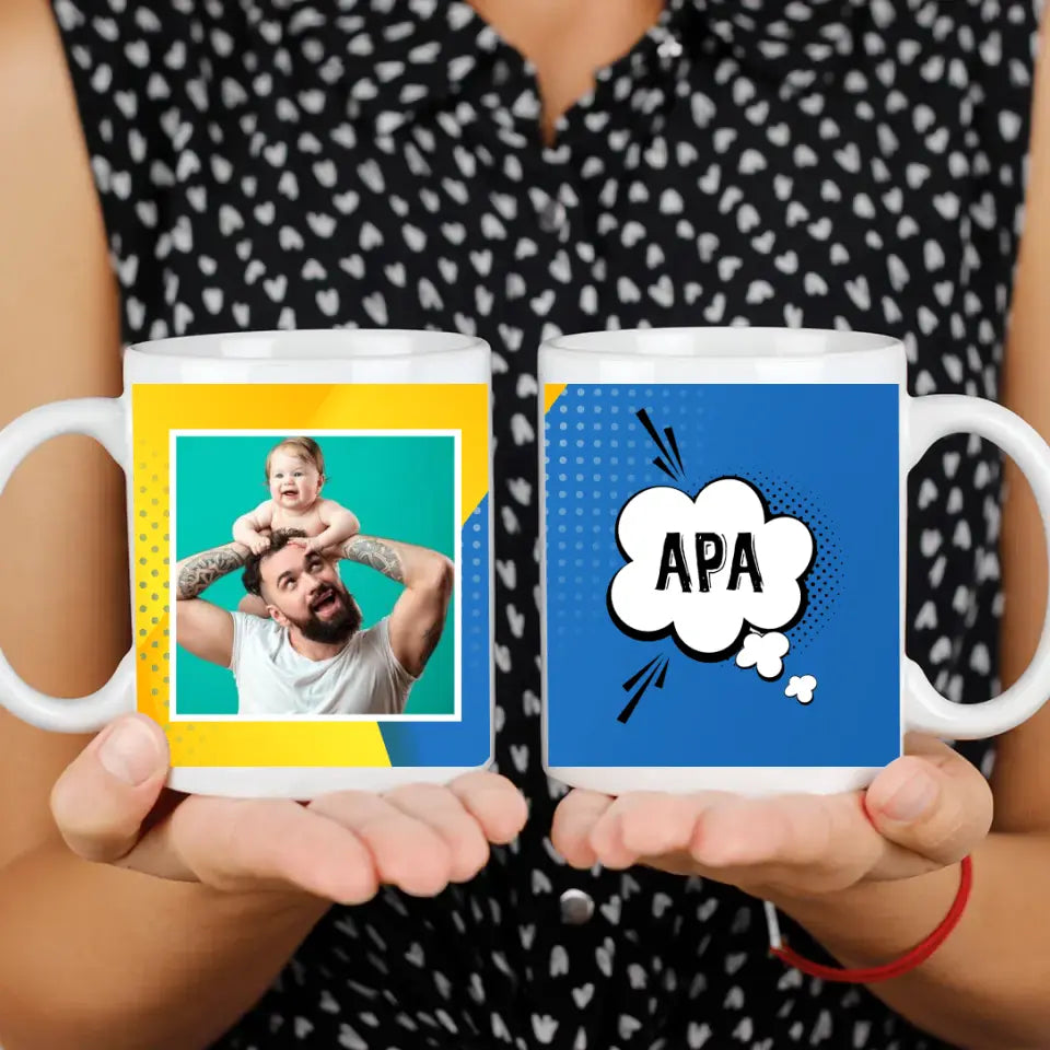 Sárga-kék apák napi bögre saját képpel és felirattal