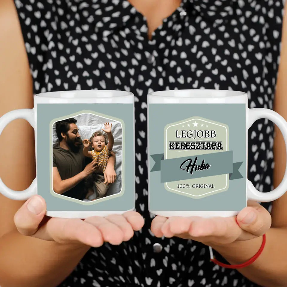 Egyedi fényképes ajándék bögre Legjobb Keresztapa felirattal és választható névvel