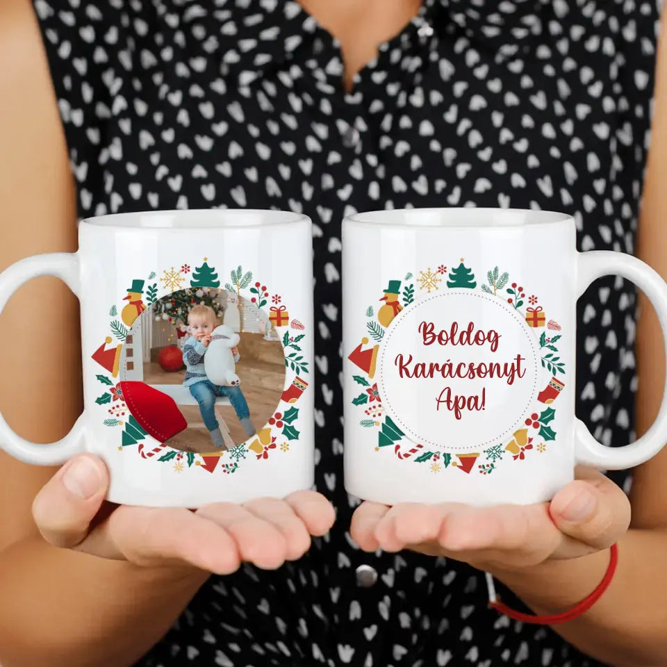 Karácsonyi bögre egyedi képpel és felirattal kör alakú keretben