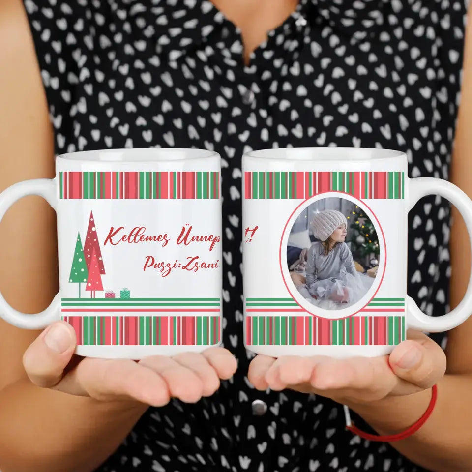 Karácsonyi egyedi képes csíkos bögre 