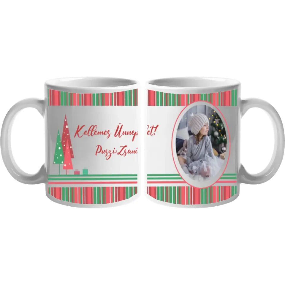 Karácsonyi egyedi képes csíkos bögre 