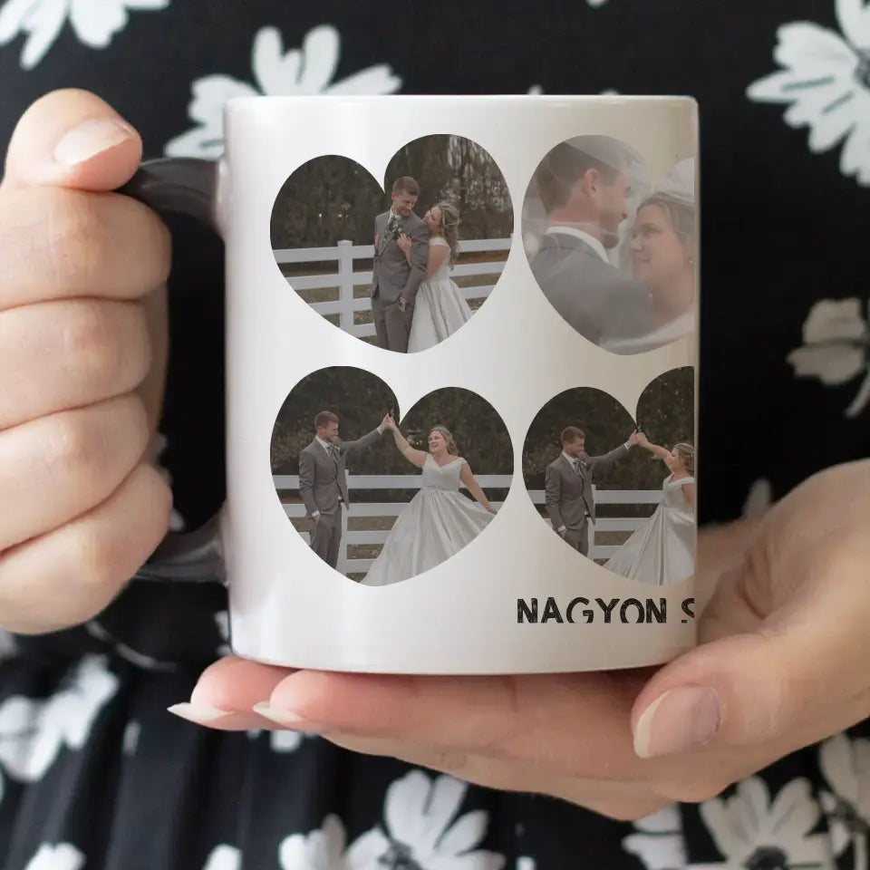 Bögre szív alakú képekkel és felirattal